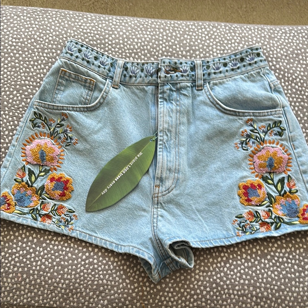 Embroidered Floral Denim Shorts